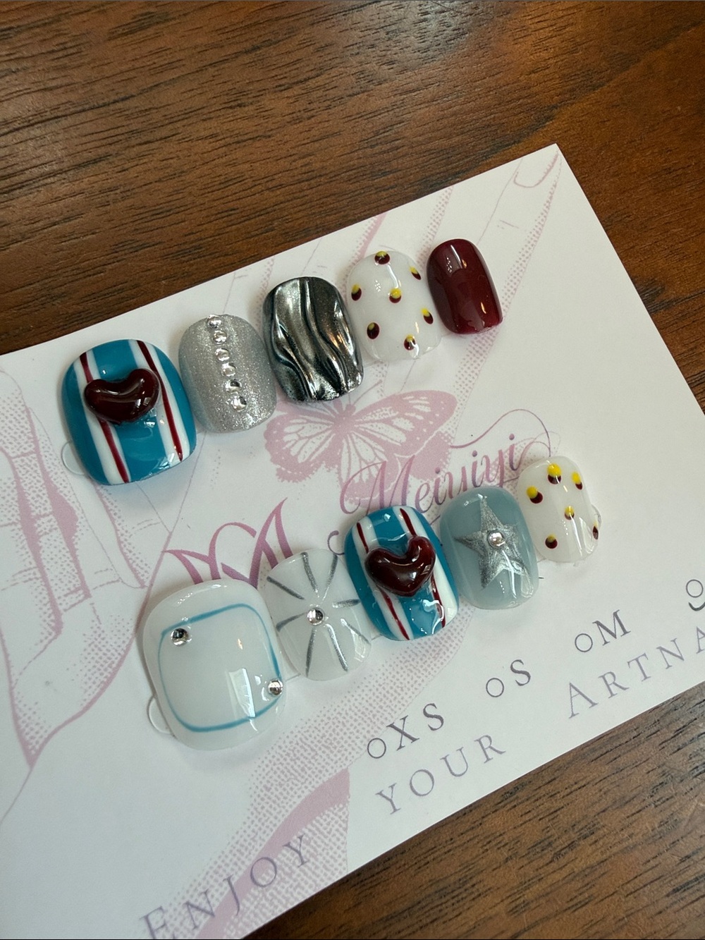Handmade 3D Press On Nails with chrome and stars short Size Large